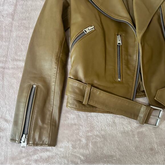 All Saints Balfern Leather Jacket Women US00 Moto Tan Camel Mustard - Picture 4 of 8